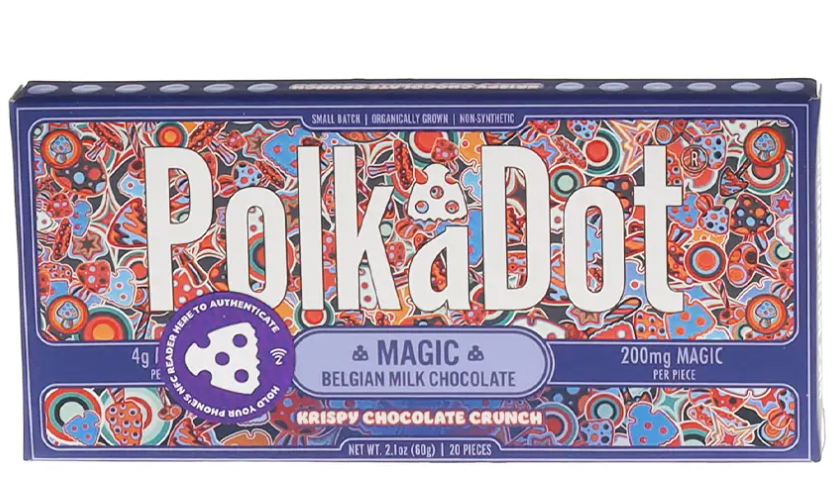 Krispy Chocolate Crunch PolkaDot Magic Mushroom Belgian White Chocolate 1 Krispy Chocolate Crunch PolkaDot Magic Mushroom Belgian White Chocolate